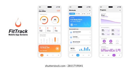 Fitness tracking mobile app UI screens onboarding vector template.
Sports and fitness app across three screens - featuring activity dashboard, workout planner. Vector mobile phone app screens, UI, UX