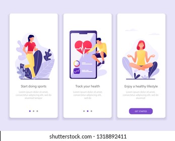 Fitness tracking, sporty, healthy Lifestyle. Onboarding screens user interface kit. Modern user interface UX, UI screen template for mobile smart phone or web site. Vector Illustration