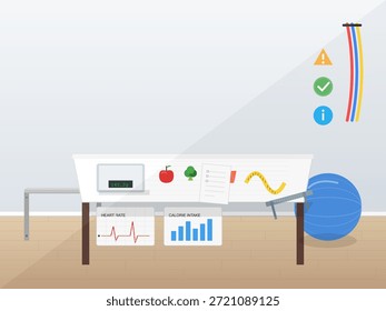 A fitness tracking table holds data on heart rate, calorie intake, and health metrics, surrounded by a gym ball and papers in a bright room during daytime.