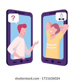 Fitness Trainer Advising Client Online, Mobile Chatting or Conversation of People via Smartphones, Text Bubbles on Screens of Two Mobile Phones Facing Each Other, Flat Vector Illustration