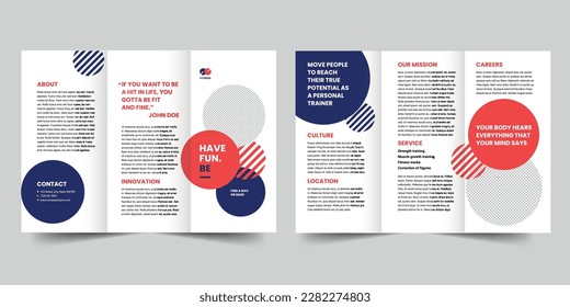 Fitness Trainer Coach trifold brochure template. A clean, modern, and high-quality design tri fold brochure vector design. Editable and customize template brochure