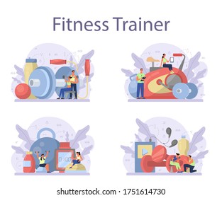 Fitness trainer concept set. Workout in the gym with profession sportsman. Healthy and active lifestyle. Time for fitness. Flat vector illustration