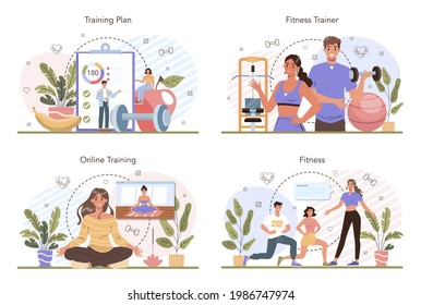 Fitness trainer concept set. Workout in the gym with professional athlete. Healthy and active lifestyle. Training and nutrition plan. Flat vector illustration - Shutterstock ID 1986747974