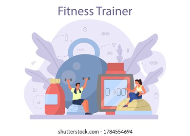 Fitness trainer concept. Workout in the gym with profession sportsman. Healthy and active lifestyle. Time for fitness. Flat vector illustration