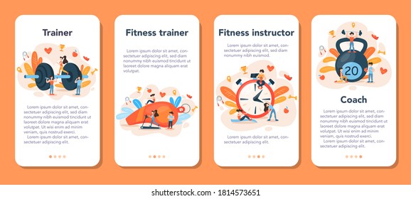 Fitness trainer concept. Workout in the gym with professional sportsman. Healthy and active lifestyle. Time for fitness. Flat vector illustration