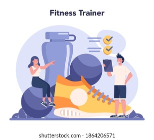 Fitness trainer concept. Workout in the gym with professional sportsman. Healthy and active lifestyle. Training and nutrition program. Flat vector illustration