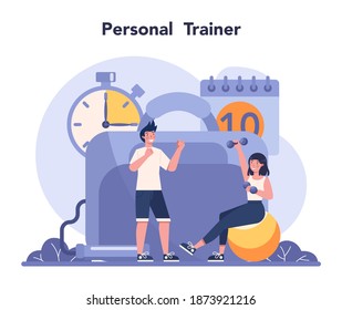 Fitness trainer concept. Workout in the gym with professional sportsman. Healthy and active lifestyle. Training and nutrition program. Flat vector illustration