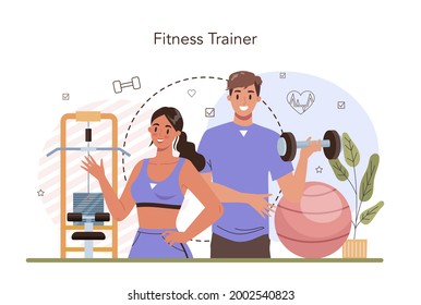 Fitness trainer concept. Workout in the gym with professional athlete. Healthy and active lifestyle. Training and nutrition plan. Flat vector illustration