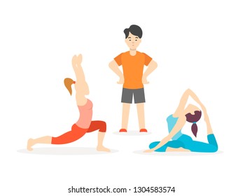 Fitness trainer conducts classes with two women, his wards. Yoga classes, stretching, pilates
