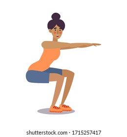 Fitness trainer girl doing squatting exercise in a gym. Vector illustration in flat cartoon style