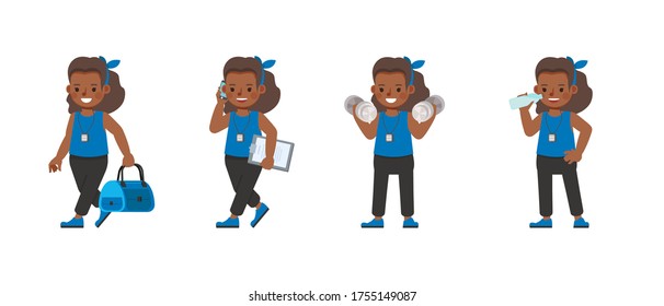 Fitness trainer girl kid character vector design. Presentation in various action with emotions.