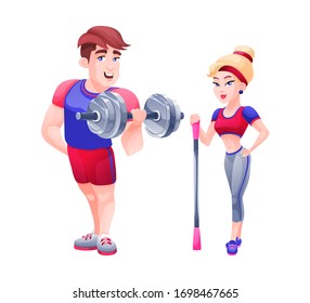 Fitness trainer girl with sports equipment and athlete bodybuilder man with dumbbells doing sports in gym. Gym powerlifting and sport bodybuilding tools. Vector illustration.