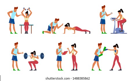 Fitness trainer. Gymnastics exercising in gym with instructor, active sport woman, athletic training men jogging, cartoon vector athlete young man and coaching women set