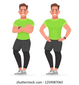 Fitness Trainer. Handsome Guy In Sportswear Is Standing In Different Poses. The Athlete Man. Vector Illustration In Cartoon Style