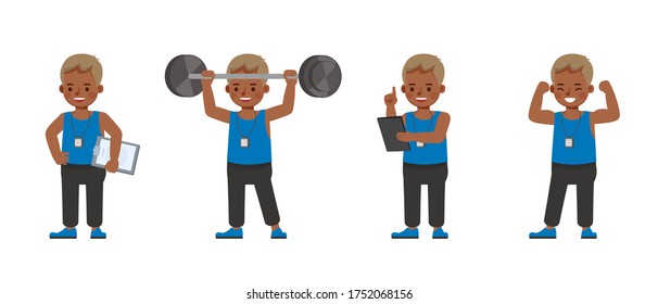 Fitness trainer kid character vector design. Presentation in various action with emotions.