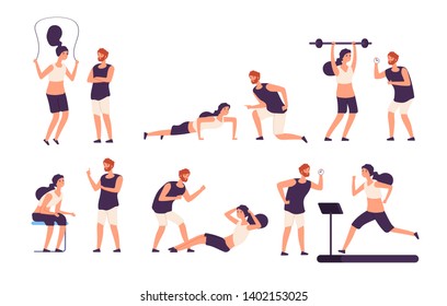 Fitness trainer. Male personal coach helps woman training, fit girl exercising with gym instructor isolated vector set