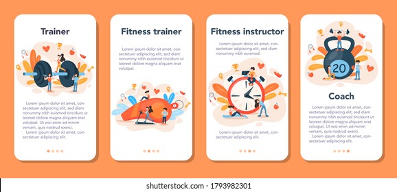 Fitness trainer mobile application banner set. Workout in the gym with profession sportsman. Healthy and active lifestyle. Time for fitness. Flat vector illustration