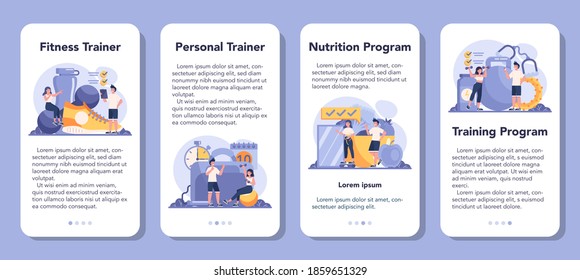 Fitness trainer mobile application banner set. Workout in the gym with professional sportsman. Healthy and active lifestyle. Training and nutrition program. Flat vector illustration