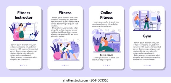 Fitness trainer mobile application banner set. Workout in the gym with professional instructor. Training in the gym or online. Healthy and active lifestyle. Flat vector illustration