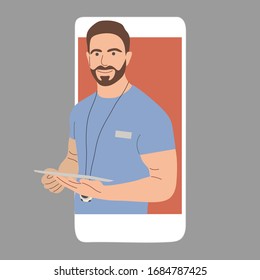 Fitness trainer online, a man with a stopwatch and a tablet in his hands. Training on a video call in the phone. Vector flat illustration.