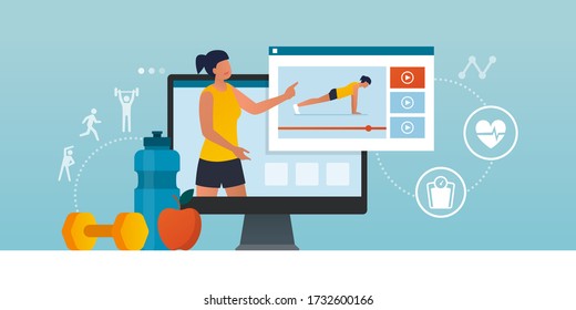 Fitness trainer online: professional coach showing how to workout in a video, distance learning and sports concept