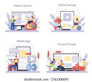 Fitness trainer online service or platform set. Workout in the gym with profession sportsman. Trainer course, personal trainer, online training, mobile app. Flat vector illustration