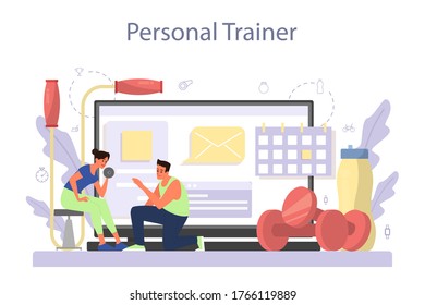 Fitness trainer online service or platform. Workout in the gym with profession sportsman. Personal trainer consultation. Flat vector illustration