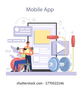 Fitness trainer online service or platform. Workout in the gym with profession sportsman. Mobile app. Flat vector illustration