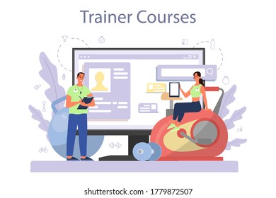 Fitness trainer online service or platform. Workout in the gym with profession sportsman. Trainer course. Flat vector illustration
