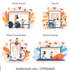 Fitness trainer online service or platform set. Workout in the gym with profession sportsman. Online forum, tutorial, consultation, training. Flat vector illustration