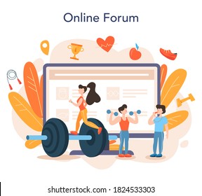 Fitness trainer online service or platform. Workout in the gym with profession sportsman. Online forum. Flat vector illustration