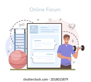 Fitness trainer online service or platform. Workout in the gym with professional athlete. Training and nutrition plan. Online forum. Flat vector illustration