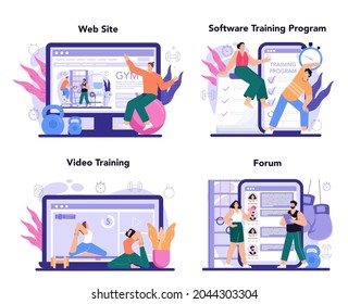 Fitness trainer online service or platform set. Workout in the gym with professional instructor. Training in the gym or online. Online forum, video training, software, website. Vector illustration