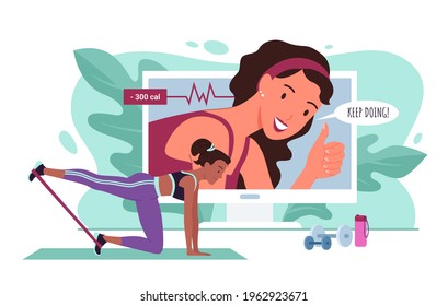 Fitness trainer online, sports workout vector illustration. Cartoon active young sportive woman character in sportswear training with sport equipment via internet video call to trainer background.