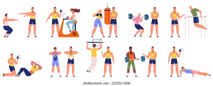 Entrenador de fitness, entrenamiento de entrenamiento deportivo personal. Entrenadores personales, entrenadores de gimnasia, ilustraciones vectoriales. Escenas de instructores de gimnasia con ejercicio de personajes, boxeo