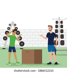 fitness trainer trying to convince to jump the box flat vector illustration