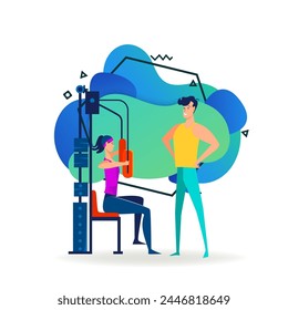 Fitness trainer watching gym customer. Woman training chest muscles on machine flat vector illustration. Sport, activity, workout concept for banner, website design or landing web page