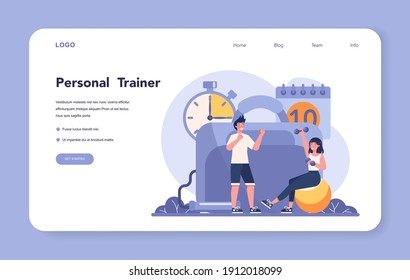 Fitness trainer web banner or landing page. Workout in the gym with professional sportsman. Healthy and active lifestyle. Training and nutrition program. Flat vector illustration