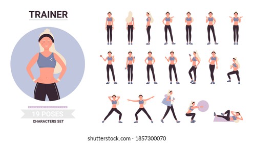 Fitness trainer woman poses in workout vector illustration set. Cartoon blonde character with long hair posing, training, doing sport gymnastic exercises in gym with ball, dumbbells isolated on white