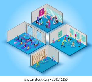 Fitness training big set with yoga, aerobics, cardio and suspension workout classes, isometric vector 3d illustration with sports girls, modern physical exercises concept