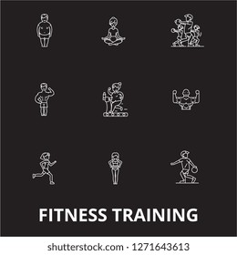 Fitness training editable line icons vector set on black background. Fitness training white outline illustrations, signs, symbols