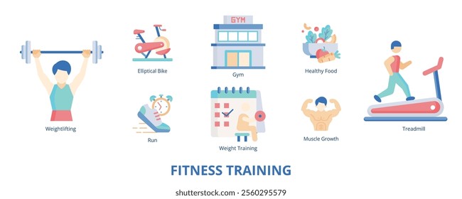 Fitness Training Flat Banner Web Icon Set Vector Illustration