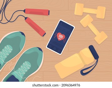 Fitness training flat color vector illustration. Training equipment on floor. Dumbbells and rope for exercising. Top view 2D cartoon illustration with desktop on background collection