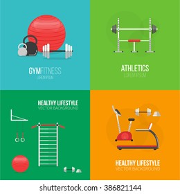 Fitness training and gym club concept set. fitness center banners. Fitness equipment. Gym concept. Fitness concept. Vector Sport background. Fitness and a healthy lifestyle concept. Sport inventory.