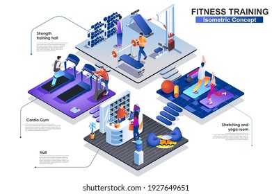 Fitness training at gym interior isometric concept. Scenes of sport people characters at reception hall, exercising at cardio and strength rooms, yoga studio. Vector flat illustration in 3d design.