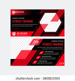 Fitness Training Horizontal Layout Banner Template Design Use Combination Red And Black Colors. Hexagon And Diagonal Space For Photo Collage. Circle Pattern. 