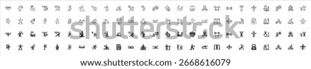 Fitness training icon collection set with outline and black solid style. Containing workout, exercise, strength, endurance, cardio, flexibility, conditioning, mobility, recovery, hydration.