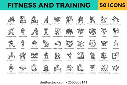 Fitness and Training icon set with cycling training, hiking, trail running, functional training, medicine ball workout, battle ropes icon. Simple line vector 
