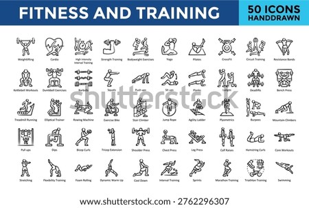 Fitness and Training icon set with weightlifting, cardio, high intensity interval training, strength training, bodyweight exercises, yoga, pilates, crossfit icon. Simple handdrawn vector 
