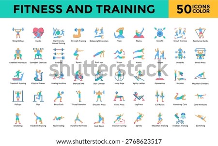 Fitness and Training icon set with weightlifting, cardio, high intensity interval training, strength training, bodyweight exercises, yoga, pilates, crossfit icon. Simple flat color vector 
